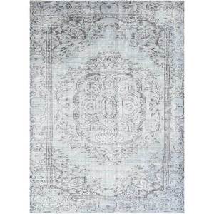 Tapis en laine noués à la main gris et noir vintage pour la maison - pour salon, couloir, chambre d'adolescent, motif médaillon rectangulaire abstrait fait main - Product Image 1