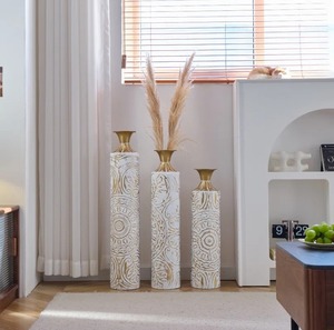 White Graved Long <b>Floor</b> <b>Vases</b> For Living Room Corners Bedroom Styling Entryway Decor And Elegant Home Display From India - Product Image 4