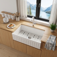 Évier de cuisine moderne à face frontale, à cuve unique, en argile réfractaire blanche, fait main, surface cannelée, 33 pouces