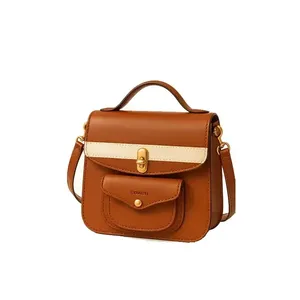 Sac à main en cuir véritable marron pour femme avec bandoulière et fermeture à rabat, style classique - Product Image 1
