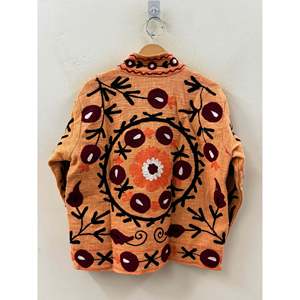 Autumn <b>Reversible</b> Saffron Wine Ivory Blooms-Hand-Embroidered Cotton <b>Jacket</b> Marigold Suzani Style Bomber XL Size Winter Coat - Product Image 2