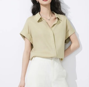 Kemeja lengan pendek untuk wanita, kaus malas sedikit longgar lengan pendek musim panas - Product Image 6