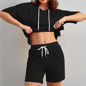 Women's Casual Solid <b>Knitting</b> Hoodie and Shorts <b>Set</b> 100% Cotton Custom Color High Quality Breathable - Product Image 5