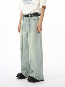Pantalon en jean pour homme, coupe droite, couleur claire, jambe large, ample, jean délavé, longueur au sol, jean baggy unisexe - Product Image 4