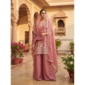 Ensemble 3 pièces élégant pour femme en soie satinée brodée : Kurta, Palazzo et Dupatta – Longueur complète, col en V, manches trois-quarts, écologique - Product Image 1