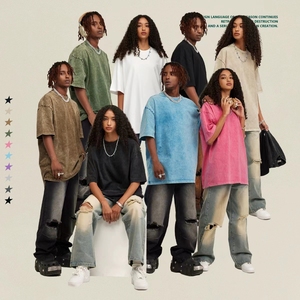 Summer 285G Heavy Wash Batik Round Neck Short Sleeve American Vintage <b>Heavyweight</b> Acid Wash <b>T</b>-<b>shirt</b> for <b>men</b> - Product Image 2