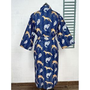 Kantha Pur 100% Cotton Reversible Long Kimono Pastel Green Monkey Animal Print Leisure Veste with Mandarin Collar for Women - Product Image 6