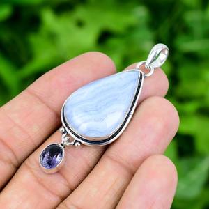 925 argent Sterling bleu dentelle Agate pierres précieuses pendentif bijoux à la main en argent Boho Style pendentif bijoux pour femmes cadeau de mariage - Product Image 3