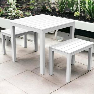 Bianco esterno e interno Set da pranzo resistente polipropilene 2 panche e 1 tavolo quadrato-per uso giardino - Product Image 3