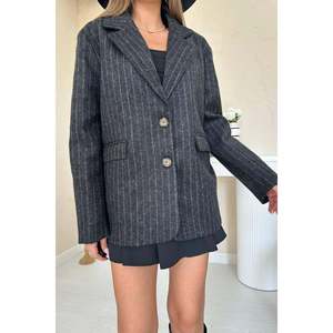 Black Striped Wool <b>Jacket</b> - Black - Product Image 5