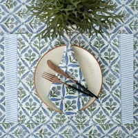 Couverture de table de salle à manger en coton floral imprimé à la main bleu acier couleur et taille personnalisable moderne