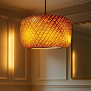 Lustre en bambou élégant avec des motifs tissés artisanaux parfaits pour la décoration intérieure contemporaine d'Inde - Product Image 5