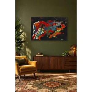 Impression sur toile abstraite Fida avec des taches rouges et bleues sur fond noir - Product Image 2