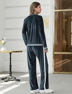 Women's Stylish Cozy Velvet Lounge <b>Tracksuit</b> 2-Piece Velour Outfit Zip-Up Top Sweatpants Pockets Breathable Stylish Loungewear - Product Image 5