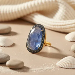 Women's Statement Blue Glass Filled Sapphire 925 Silver <b>Cocktail</b> <b>Ring</b> with Prong Setting in <b>Gold</b> Plating - Product Image 3
