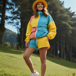 Conjuntos de pantalones cortos cortavientos Multipanel OEM para mujer, conjunto de dos piezas cortavientos con capucha y cremallera para lluvia, traje impermeable de nailon 100% para mujer - Product Image 3