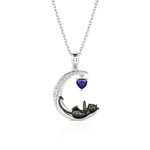 Collier personnalisé Jeulia Moon Huggers avec pierre de naissance et chat - Chaîne en acier inoxydable plaqué rhodium et or avec cœur en diamant - Product Image 6