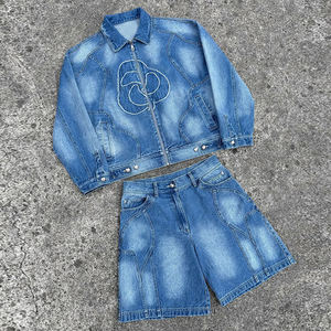 Manufacturers Custom Your <b>Shorts</b> <b>Men</b> Streetwear Distressed <b>Denim</b> Patch Trucker Jacket Two Piece <b>Denim</b> <b>Short</b> Sets - Product Image 6