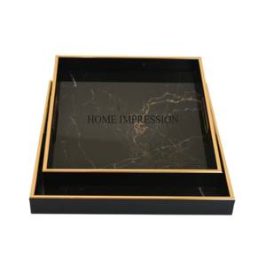 Bandeja hecha de metal resistente de color negro con mango de diseñador de lujo único chapado en oro bandeja de servicio centro de mesa y decoración - Product Image 2