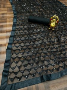 Latest Designer Mono Soft <b>Net</b> Sari Bollywood Style Black Color Party Wear with All Sequence Work Satin Lace Dress <b>Fabric</b> - Product Image 4