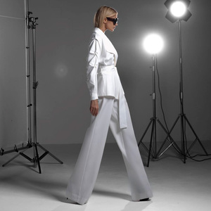 Women's Belted <b>Blazer</b> and Wide Leg Pants <b>Set</b> Elegant Tailored Two Piece Suit Brown - Product Image 3