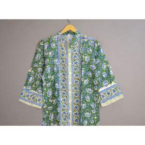 Lo último en ropa de playa con estampado Floral de bloque de mano indio, Túnica Midi para mujer, vestidos informales con decoración de botones, tamaño libre - Product Image 4