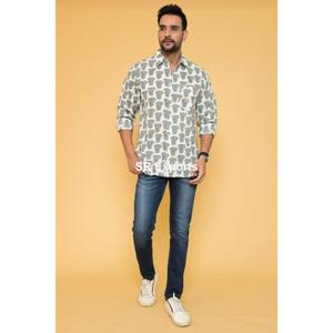 Camisa de algodón indio hecha a mano para hombre estilo bohemio, mangas completas, tela ligera, estampado de bloques, ajuste informal con botones - Product Image 2