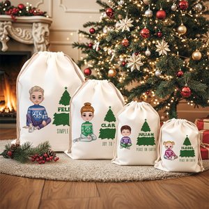 Sac cadeau personnalisé avec cordon de serrage, motif de personnage de dessin animé mignon, arbre de Noël, texte personnalisé, nom pour enfants, famille, rangement fonctionnel - Product Image 3
