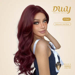 Victoria-DWY Burgundy Curly Synthetic <b>Wig</b> with Light <b>Brown</b> Lace Front Middle Part - Product Image 2