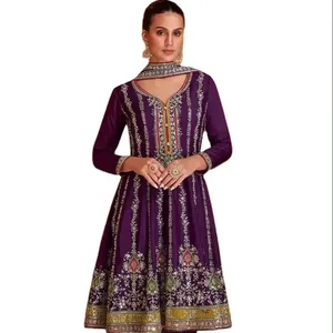 高品质设计师花式印度重型人造乔其纱风格Salwar Kameez三件套连衣裙新款最新2024