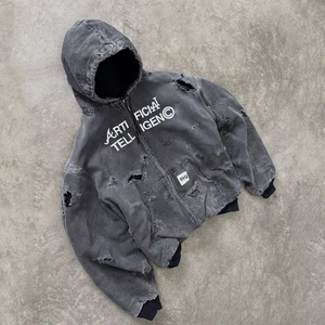 Streetwear élégant pour hommes recadrée surdimensionnée sweat à capuche zippé déchiré en détresse effiloché imprimé toile sweat à capuche de haute qualité - Product Image 2