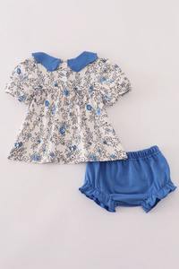 Conjunto de bombachos con estampado floral Vintage para niñas, Top azul bonito y bombachos con volantes, suministro ODM para el verano - Product Image 5
