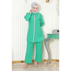 Ensemble 2 pièces décontracté vert MSW19195-4 avec détails en pierre, hauts mi-longs, col rond, manches longues, 100 % polyester - Product Image 3