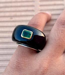 แหวนแกะสลักด้วยมือทำจากเงินโอนิกซ์สีดำธรรมชาติ925สเตอร์ลิงพร้อมพลอยควอตซ์มรกตแหวนคำแถลงของขวัญพิเศษ - Product Image 1