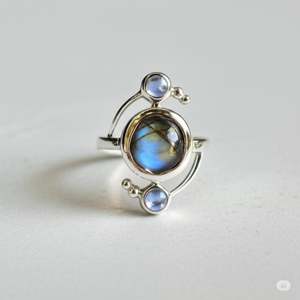 Solide 925 Sterling Argent Plaqué Naturel Labradorite Poire Ronde Lunette Réglage 7mm Anneau À La Main Bijoux De Mode Pour Les Femmes - Product Image 1