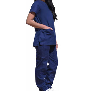 Ensemble de gommage athlétique à manches courtes pour femmes-bleu-Hauts de gommage médical-Chemises d'uniforme d'infirmière avec 3 poches-Ensemble d'uniformes légers - Product Image 3