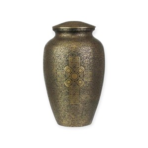 Antique <b>Bronze</b> Finish Full Size Cremation Urn with Detailed Celtic Cross Design and Textured Surface - Product Image 1