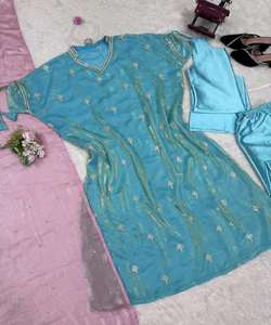 Kurti georgette classique pour femme avec broderie lourde pour mariage et fonctions festives Caftan élégant - Product Image 3