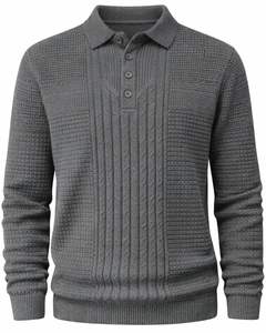 Suéter Polo de Punto Trenzado con Textura Mixta para Hombre, Manga Larga, Cuello con Botones, Informal, para Invierno, Color Gris Carbón, para Venta al por Mayor - Product Image 1
