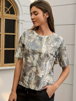 T-shirt d'été rétro pour femme à imprimé camouflage, manches courtes, en Spandex/Polyester, col souple, coupe ample, motif camouflage intégral, formel
