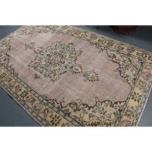 Alfombra turca Vintage Beige verde 5,5X9 pies hecha a mano estilo bohemio lana con respaldo de látex para cabecera patrón de retales rectangulares - Product Image 4