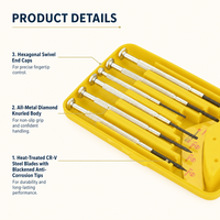 HEHE 551126 Ensemble de 6 tournevis de précision pour horloger, entièrement métalliques, avec poignée moletée et base de rangement jaune
