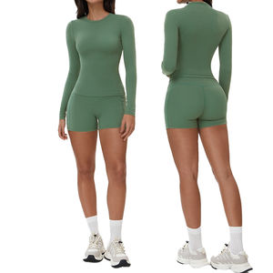 New Style Gym Set <b>Pilates</b> Sports Long Sleeve Tops High Waist Fitness Running Shorts Women <b>Yoga</b> 2 Piece Set - Product Image 1