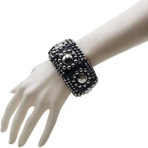 Chunky Geometric <b>Elastic</b> Wood <b>Bracelet</b> Hand-Carved Wooden Bangle with Brass and Steel Studs, Boho Tribal Style Fashion Jewelry - Product Image 1