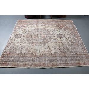 Alfombra turca vintage clásica, beige, marrón, 5,8x6,4 pies, material de lana de área grande, patrón de retazos para dormitorio, pasillo, látex lateral - Product Image 3