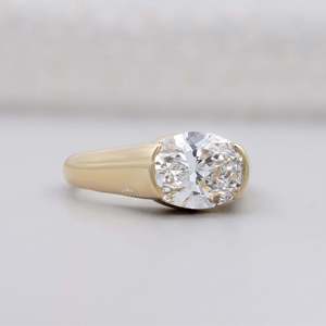 East West IGI Certified Diamond <b>Ring</b> Oval Engagement Half Bezel Set Solitaire with <b>Thick</b> Band - Product Image 3