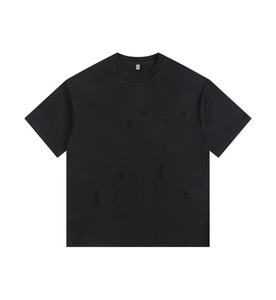 T-shirt décontracté pour homme de qualité supérieure, à motif uni, surdimensionné, à manches courtes, style américain, effet délavé, design à épaules tombantes, avec trous - Product Image 4