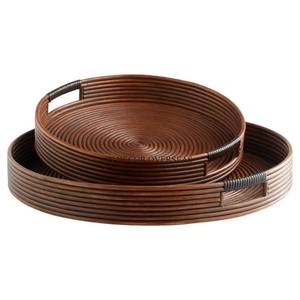 Set Of 2 Rattan Wooden Made Round Shape Luxury Serving <b>Tray</b> With Handles For Best Grip Hotel And Restaurant Table Accessories - Product Image 1