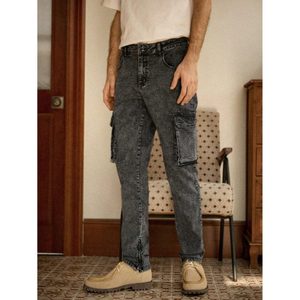 Jean cargo en denim gris anthracite pour homme, style rétro vintage, 100% coton, multipoches, respirant, écologique, tendance - Product Image 4