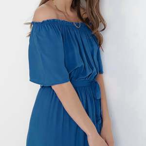 เดรสแม็กซี่เปิดไหล่สำหรับผู้หญิง, เดรสยาวสีน้ำเงินไม่มีสายคาด100% ผ้าเรยอนชุดเดรสแมกซี่ยาวถึงพื้นชายหาด - Product Image 2